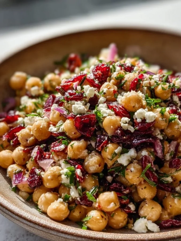 Feta and cranberry chickpea salad with lemon vinaigrette in a bowl
