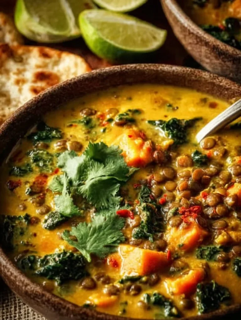 Gingered sweet potato and coconut milk stew in a bowl topped with fresh herbs.