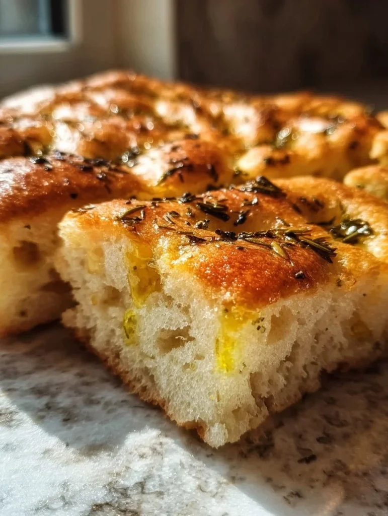Delicious gluten-free focaccia bread topped with herbs and olives.