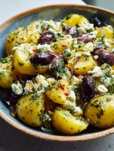 Delicious Greek potato salad with fresh ingredients and vibrant colors
