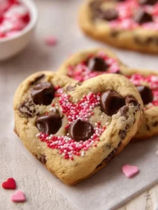 Heart shaped chocolate chip cookies freshly baked and decorated for Valentine's Day.