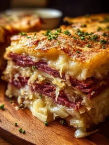 Homemade Reuben Bake dish with layers of corned beef, sauerkraut, and cheese