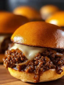 Delicious French Onion Beef Sloppy Joes on a toasted bun with melted cheese