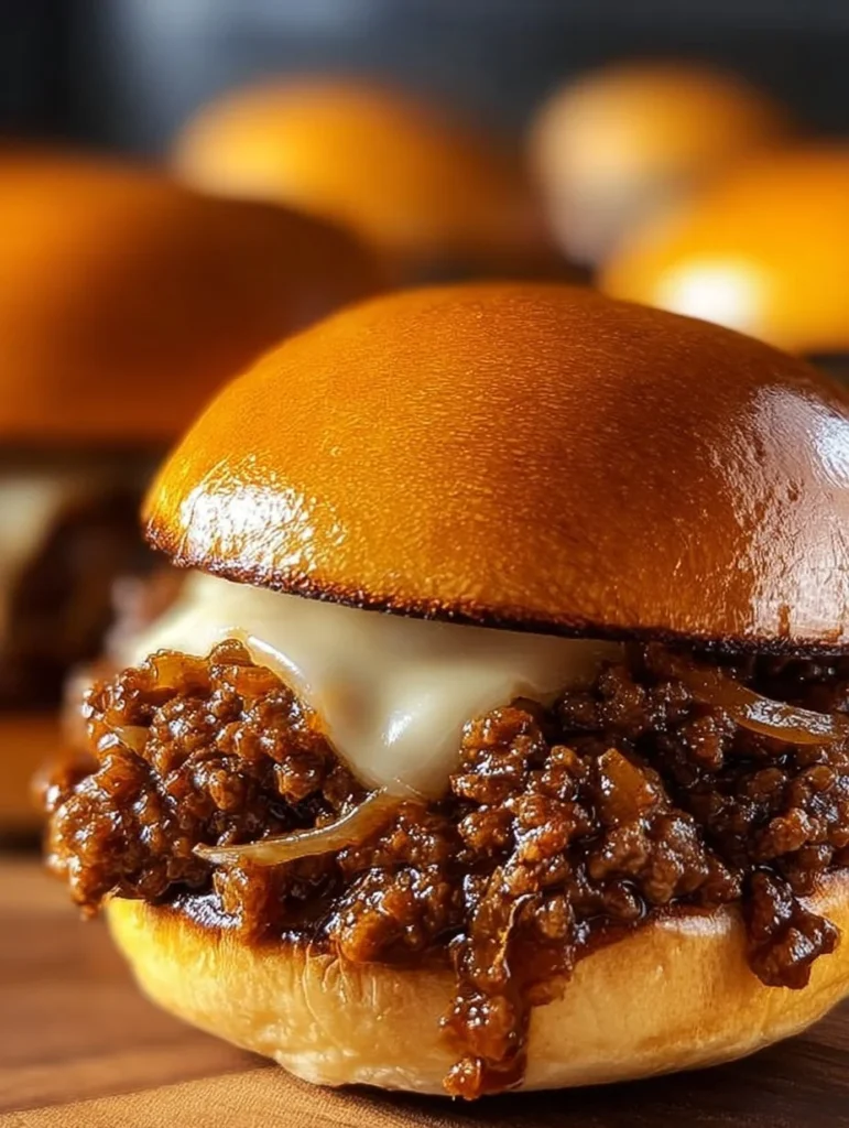 Delicious French Onion Beef Sloppy Joes on a toasted bun with melted cheese