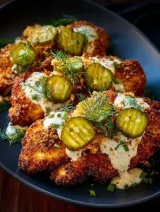 Baked dill pickle parmesan chicken garnished with dill and parmesan cheese