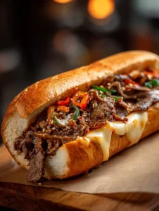 Delicious Korean-inspired Kimchi Bulgogi Cheesesteak served on a platter.