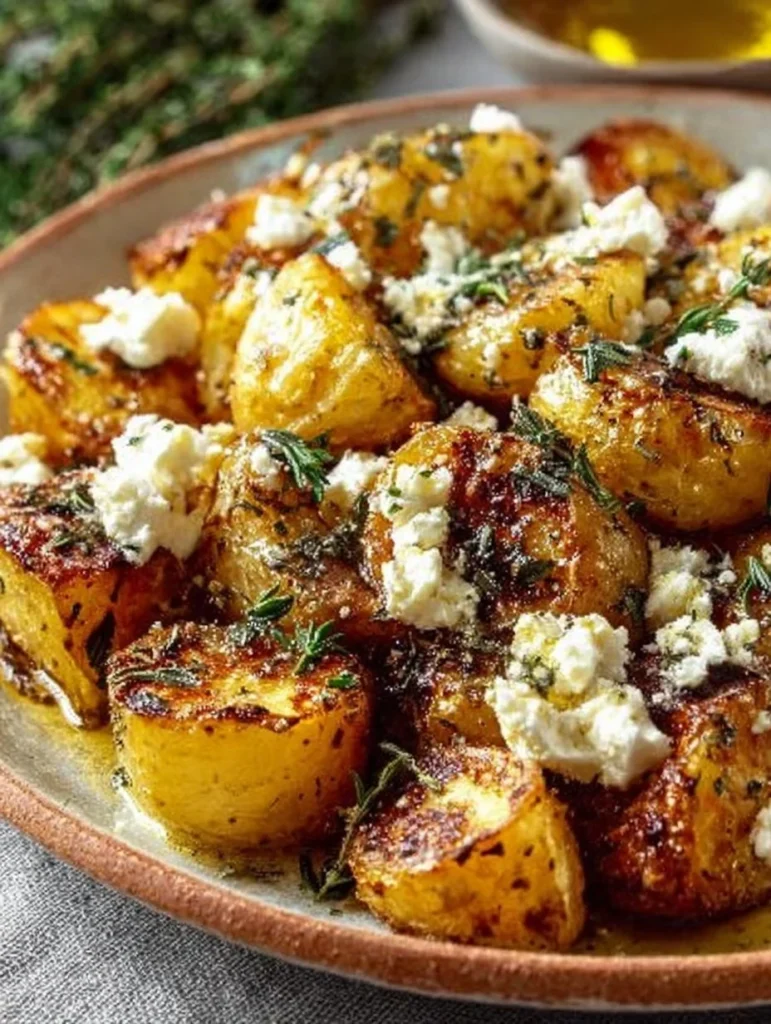 Delicious Lemon Feta Potato Dish garnished with herbs