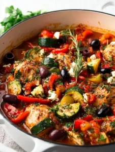 A colorful Mediterranean Chicken Casserole with vegetables and herbs.