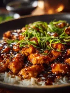 One-Pan Honey BBQ Chicken served with rice on a plate