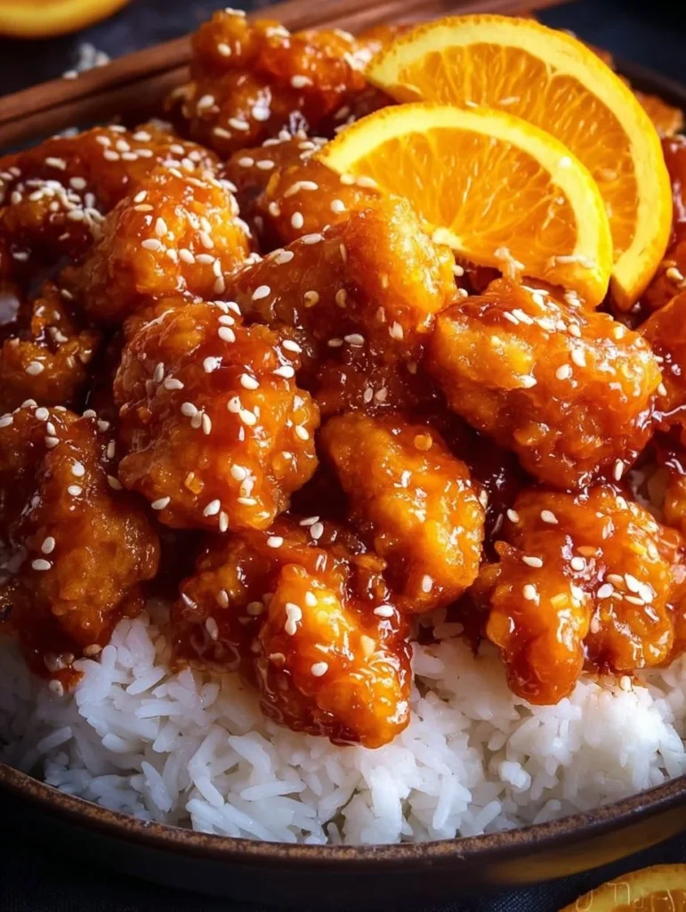 Delicious homemade orange chicken served with rice and vegetables