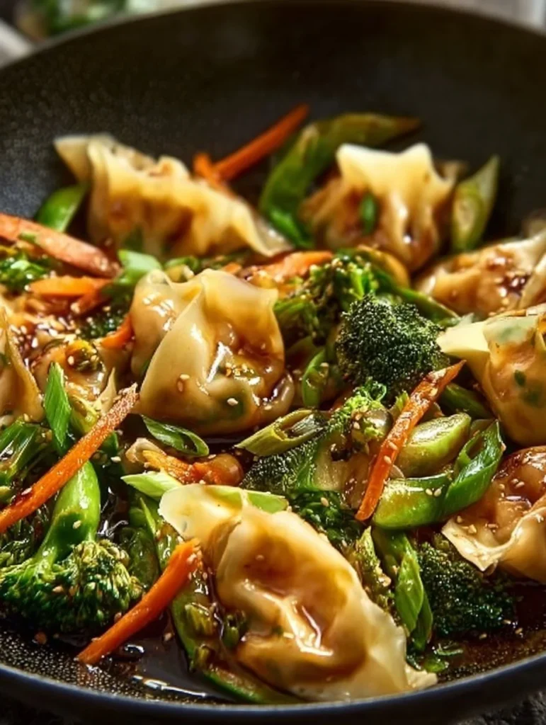 Delicious potsticker stir fry served in a vibrant bowl with fresh vegetables.