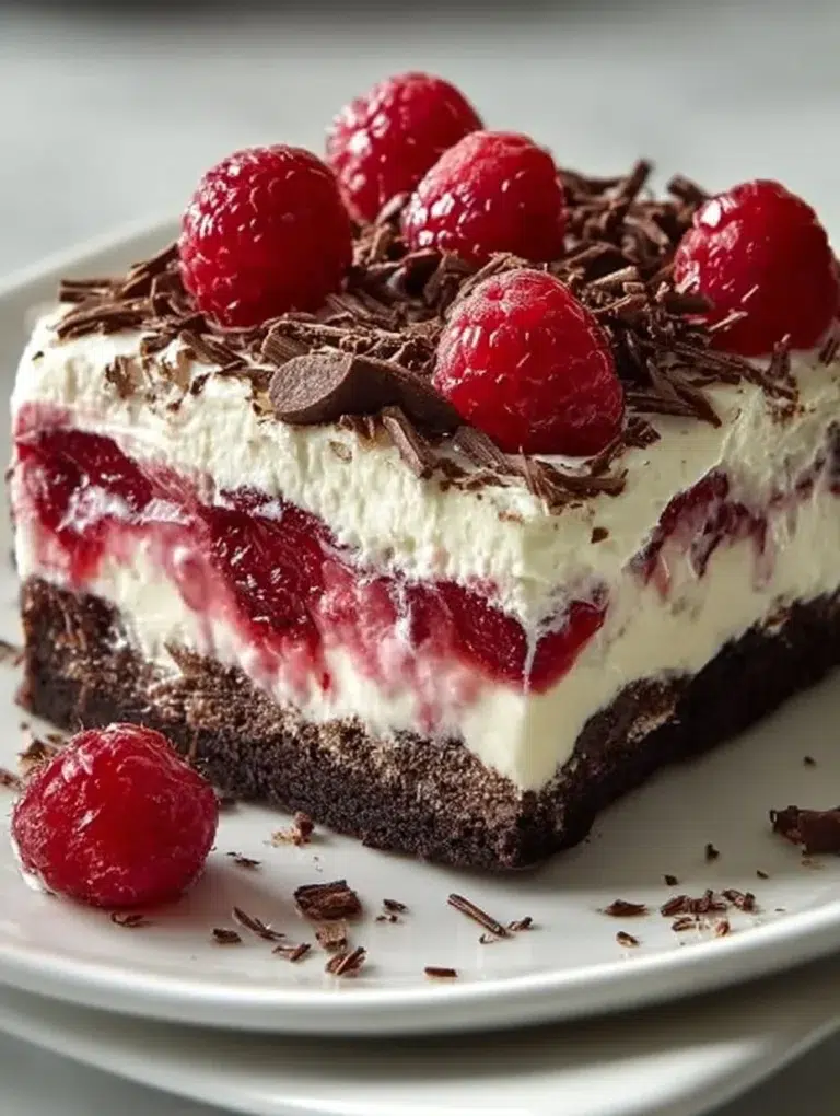 Layered raspberry chocolate lasagna dessert showcasing rich flavors and vibrant colors.