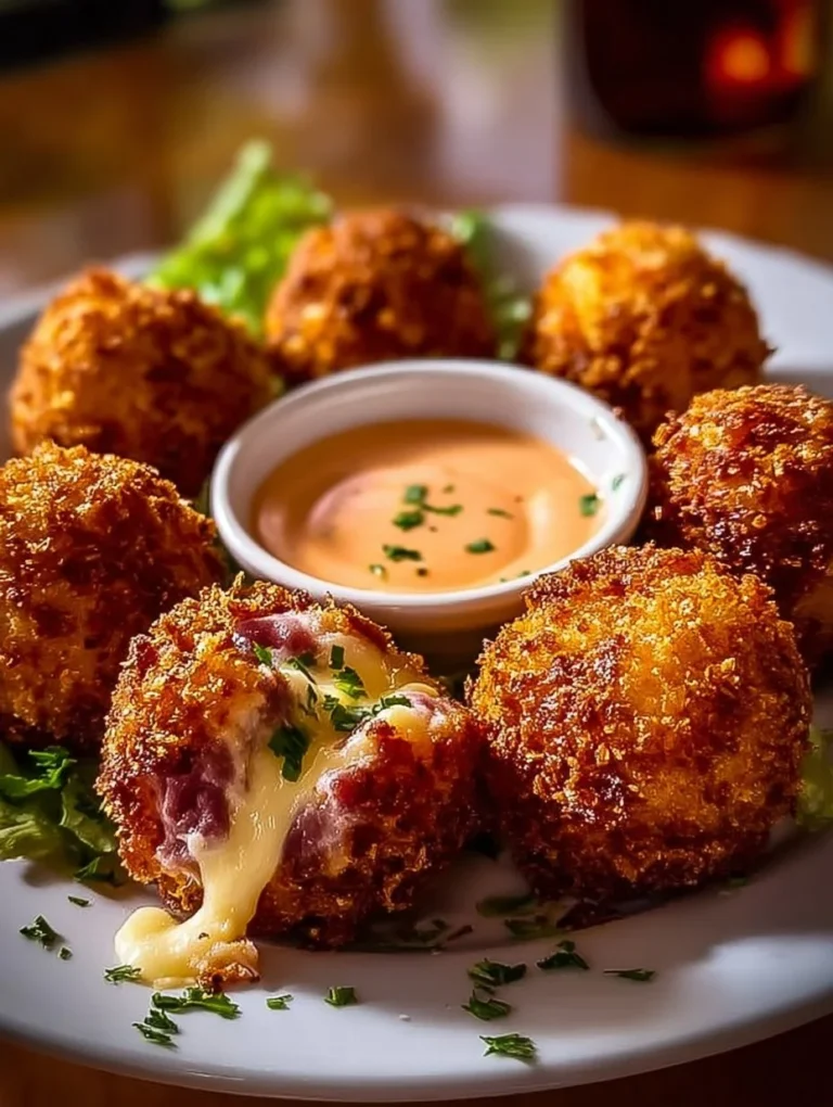 Reuben Balls served with Spicy Thousand Island Dipping Sauce on a plate