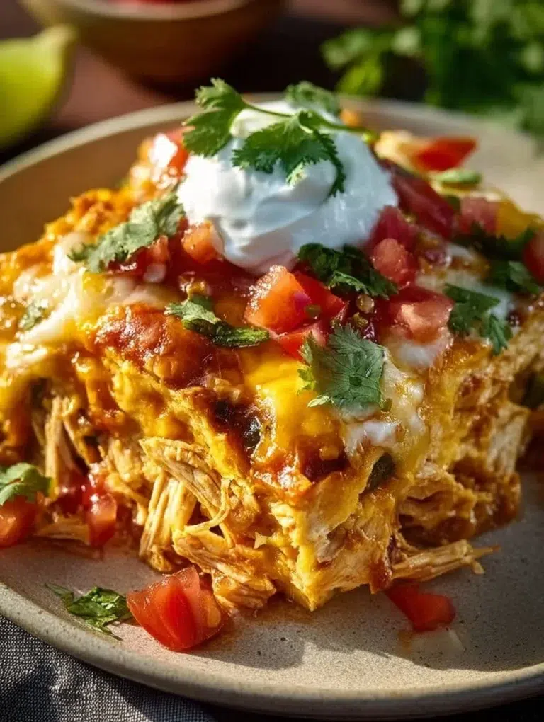Shredded chicken enchilada casserole topped with cheese and fresh cilantro