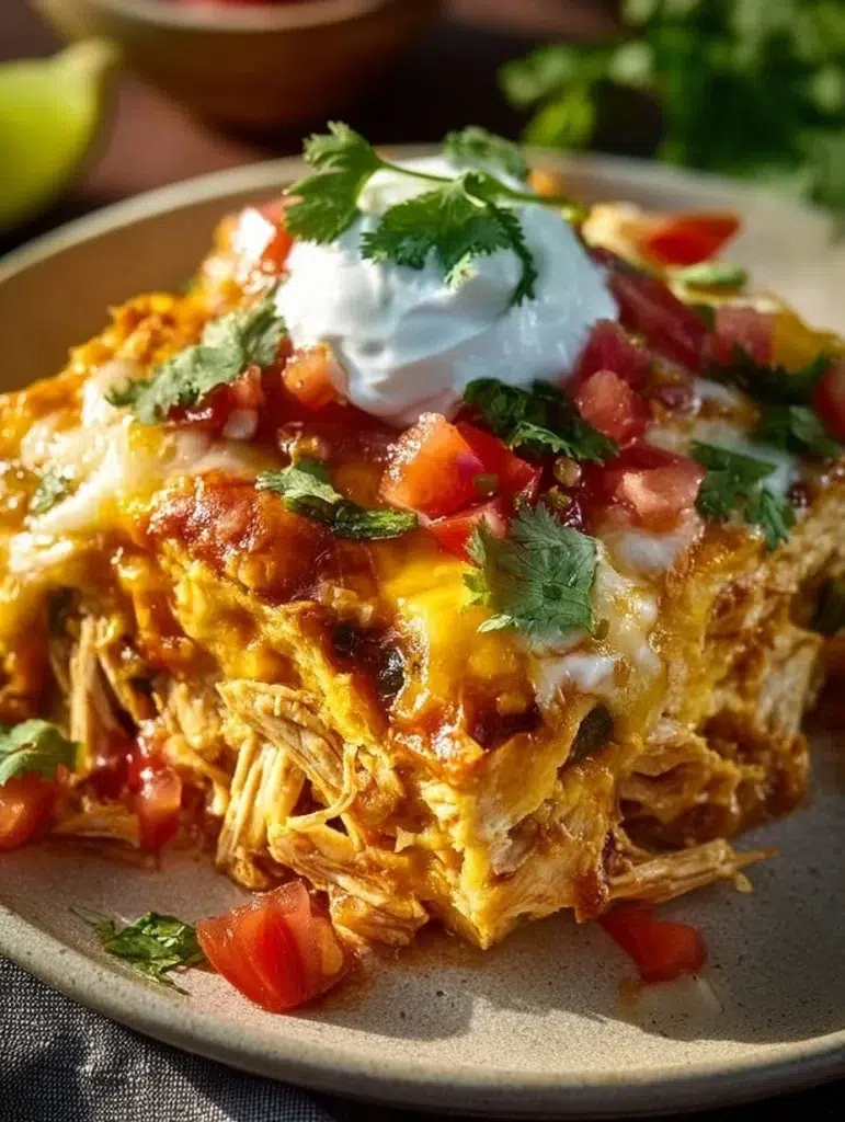 Shredded chicken enchilada casserole topped with cheese and fresh cilantro