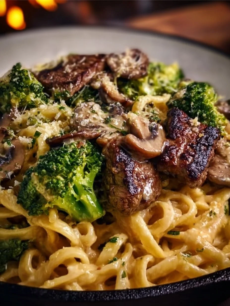 Smoky Parmesan Steak Linguine with Broccoli & Mushrooms