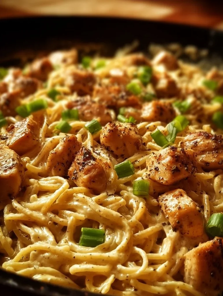 Smoky white cheddar honey butter chicken pasta in a skillet, showcasing rich flavors.