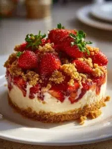 Slice of strawberry crumble cheesecake with fresh strawberries on top