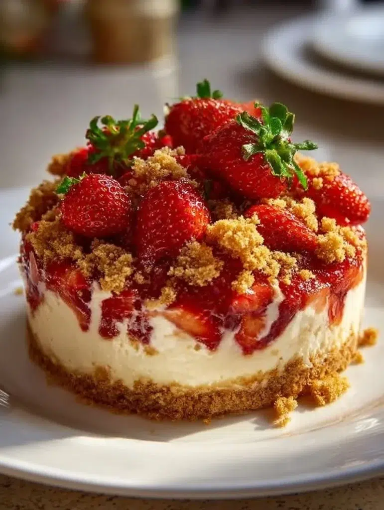 Slice of strawberry crumble cheesecake with fresh strawberries on top