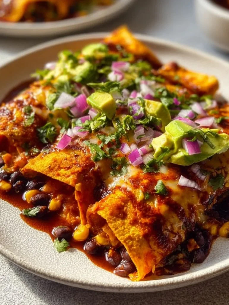 Sweet Potato, Corn, and Black Bean Enchiladas served with toppings