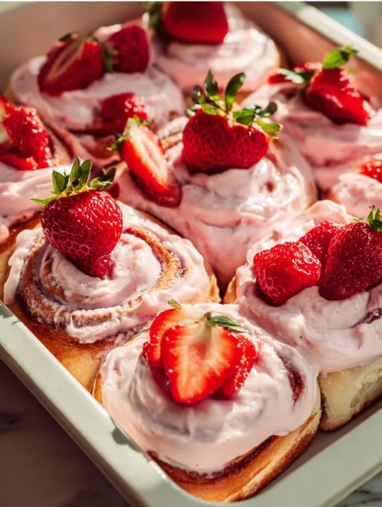 Freshly baked tender strawberry cinnamon rolls with strawberries on top