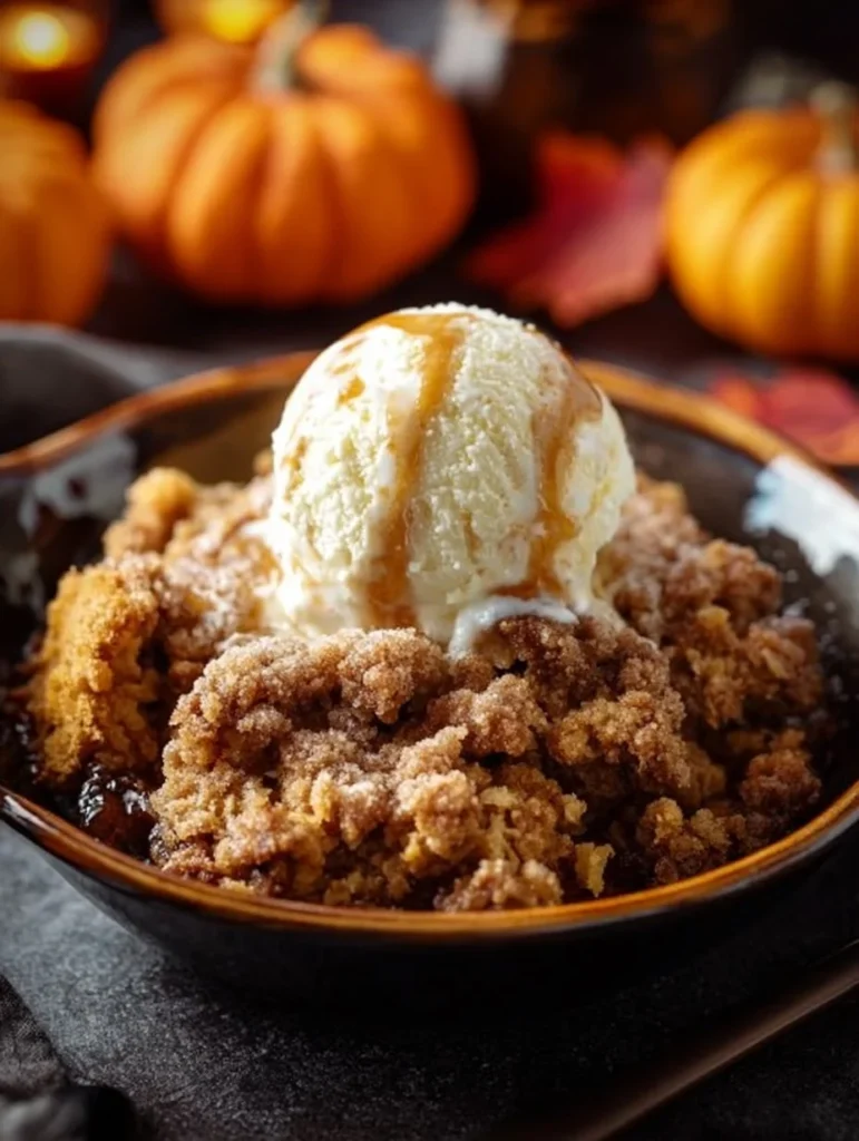 Delicious Pumpkin Pie Crisp topped with crunchy cinnamon streusel