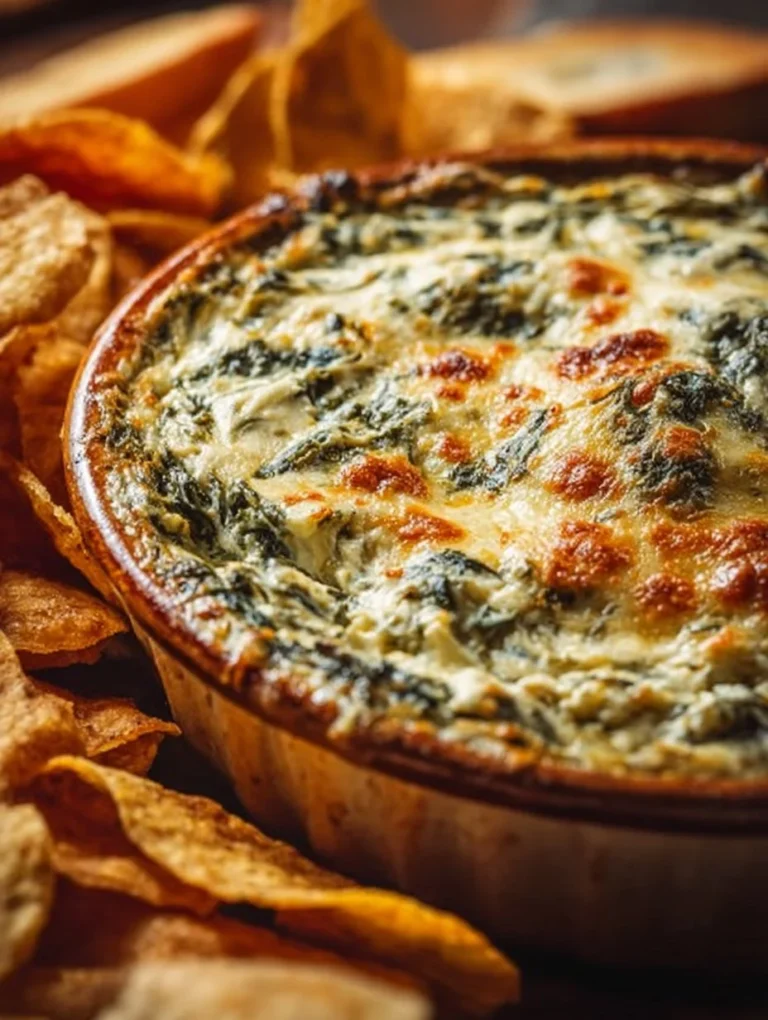 Creamy hot spinach artichoke dip served in a dish with fresh herbs
