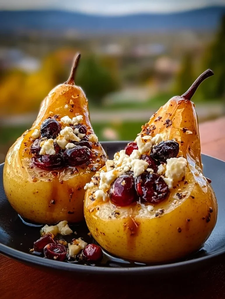 Delicious baked pears topped with feta, honey, and cranberries