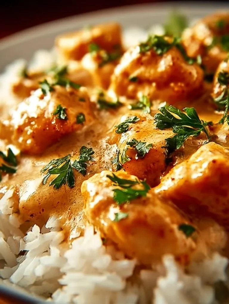 Creamy smothered chicken served over rice in a cozy dining setting.