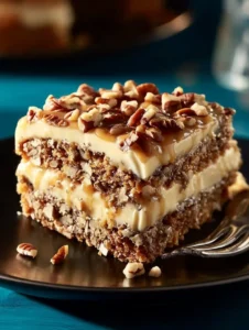 Irresistibly moist Texas Tornado Cake topped with cream and nuts