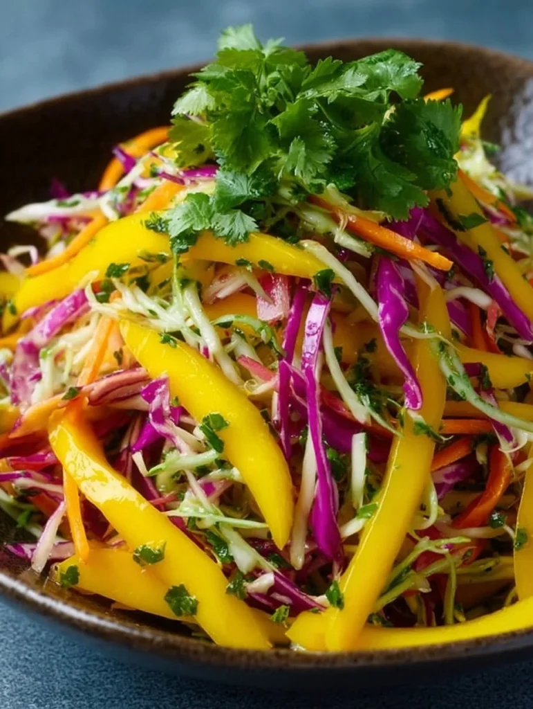 Colorful mango slaw with fresh vegetables in a bowl