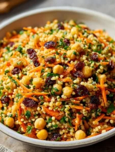 Moroccan-spiced chickpea and carrot couscous salad in a bowl.