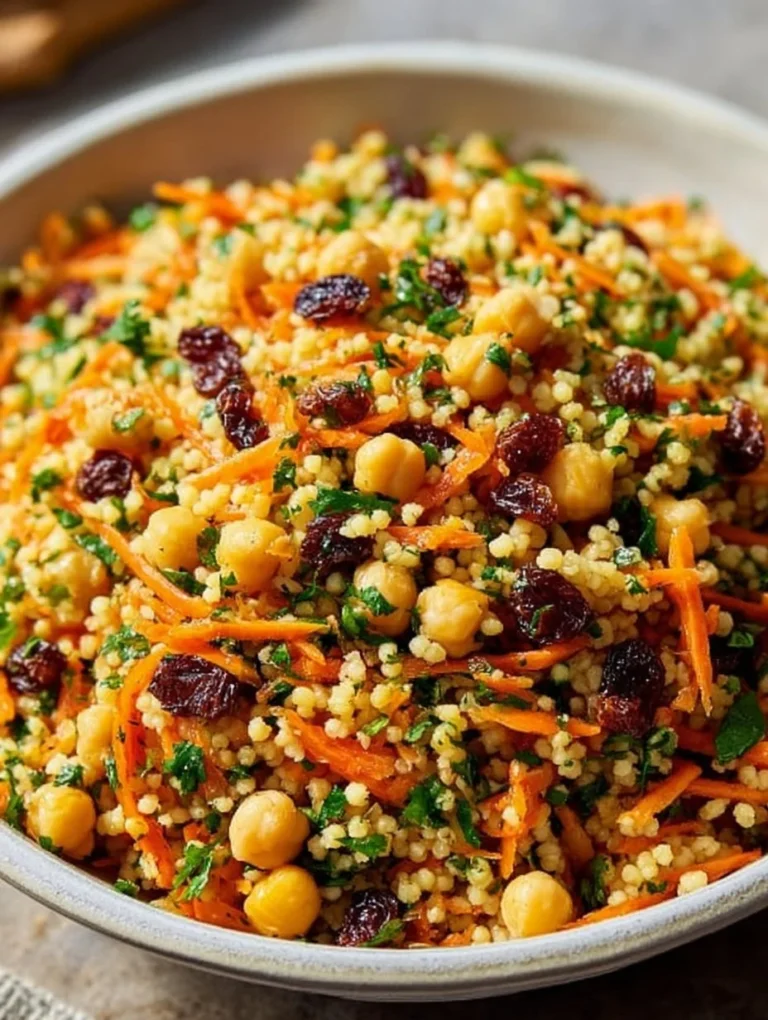 Moroccan-spiced chickpea and carrot couscous salad in a bowl.