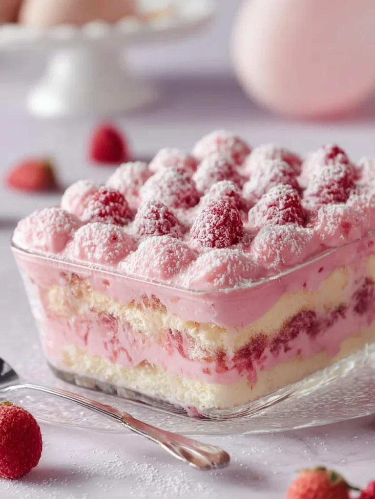 Slice of White Chocolate Raspberry Tiramisu with fresh raspberries and chocolate shavings