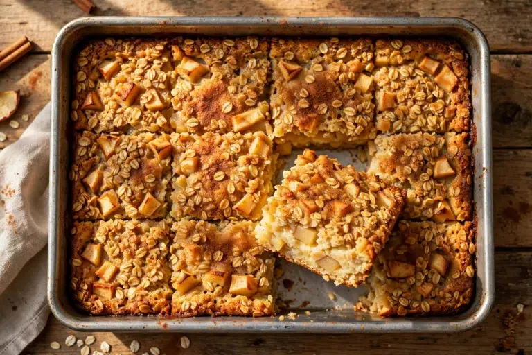 Apple cinnamon oatmeal bake with caramelized apple chunks and toasted oats in a baking dish