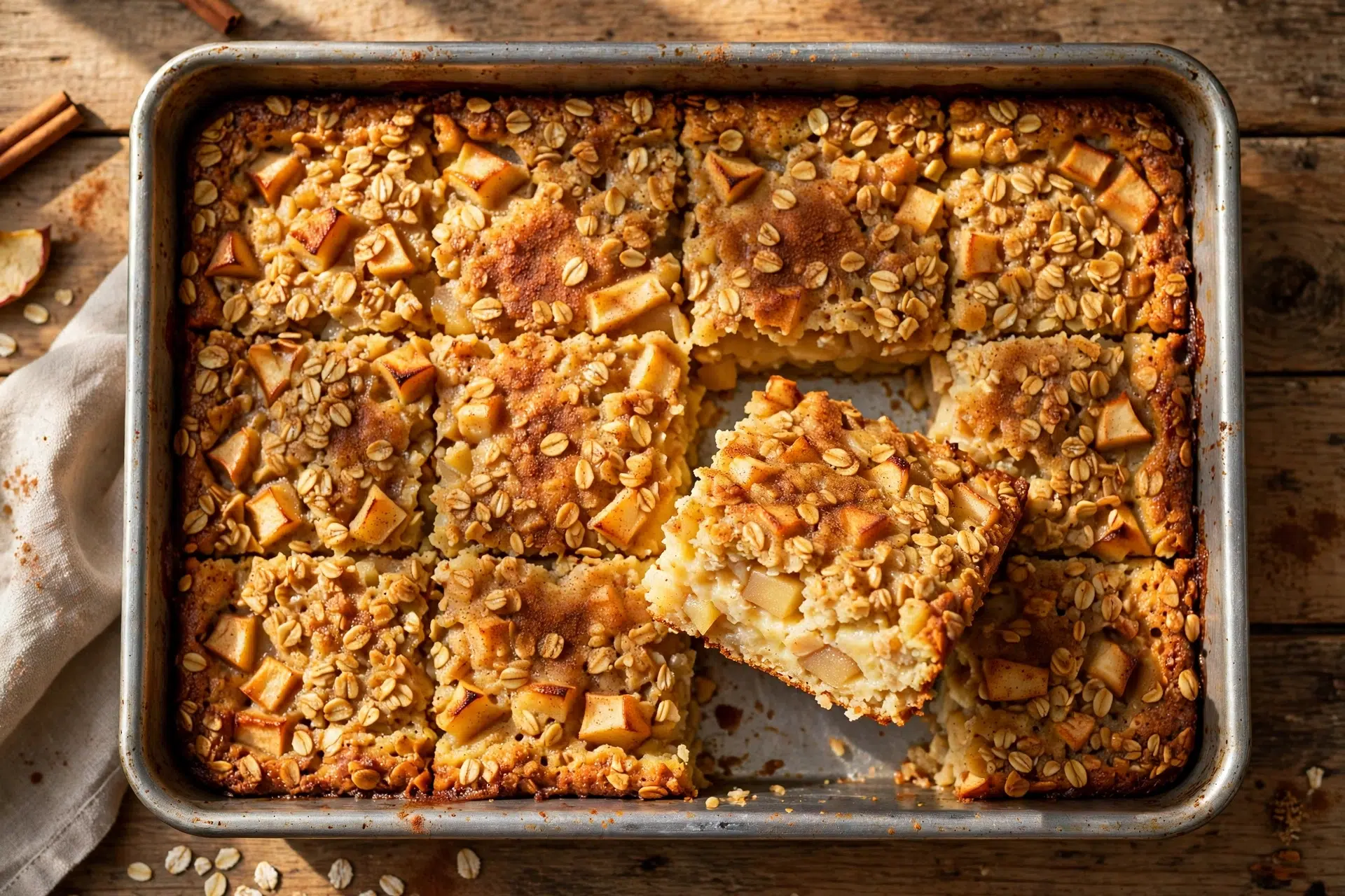 Apple cinnamon oatmeal bake with caramelized apple chunks and toasted oats in a baking dish