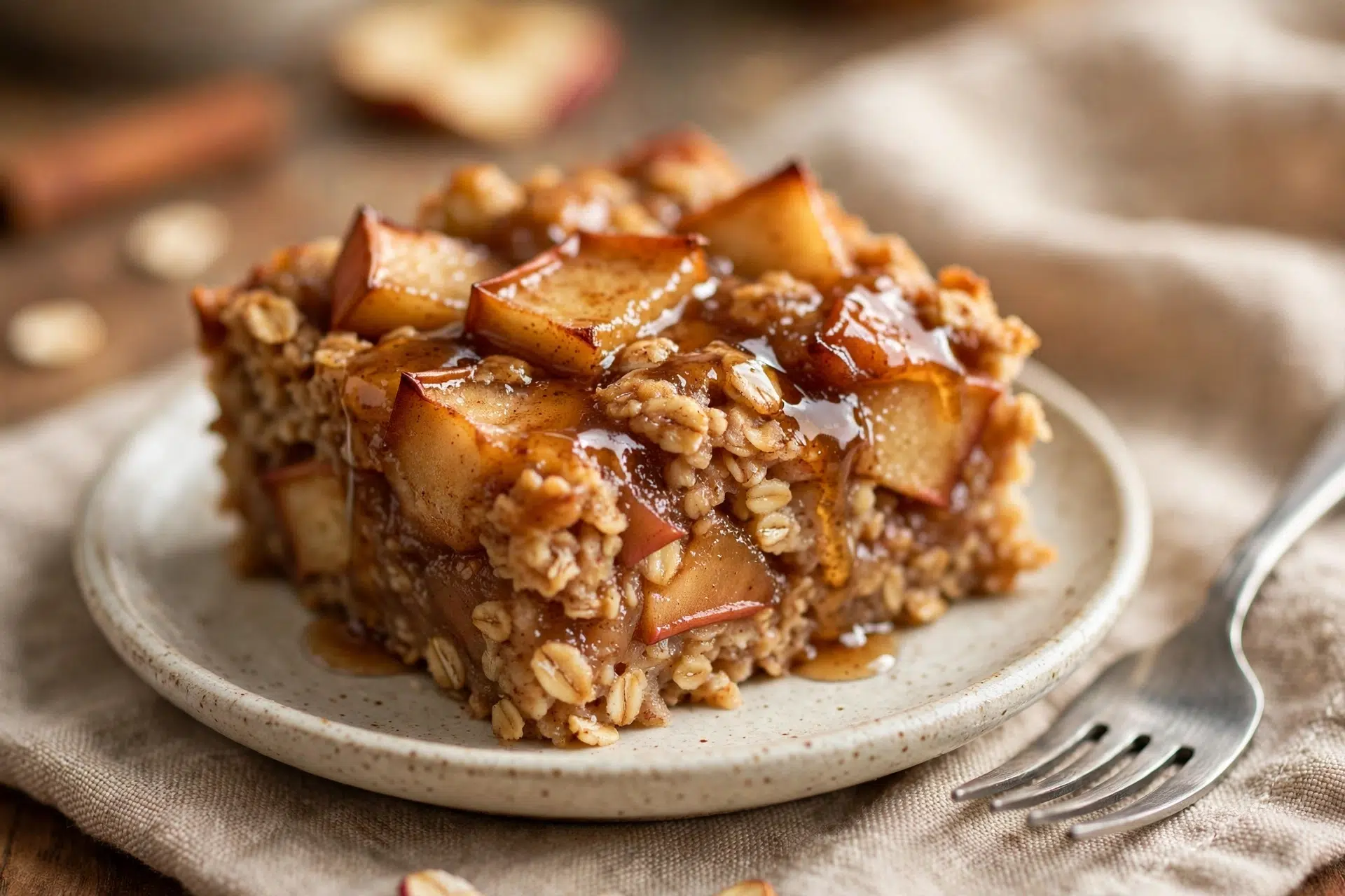 Slice of 15-minute apple cinnamon oatmeal bake with caramelized apples on a plate