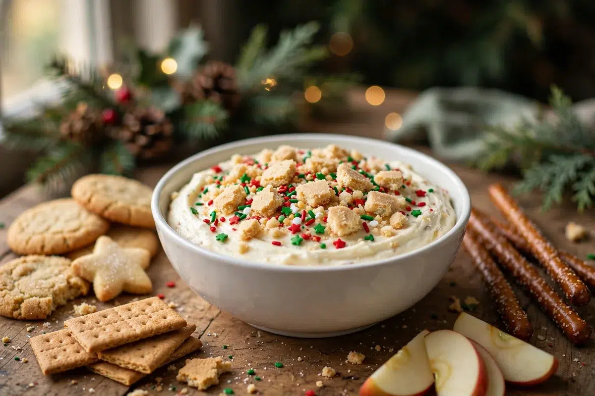 20-Minute Christmas Cookie Cheesecake Dip in a white bowl topped with crushed sugar cookies and red and green holiday sprinkles