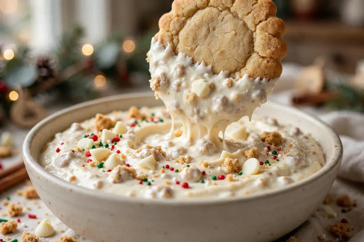 Close-up of creamy Christmas Cookie Cheesecake Dip with pretzel rods and sugar cookies arranged for dipping