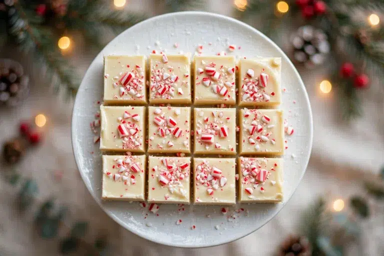 20-Minute Peppermint White Chocolate Fudge squares topped with crushed candy canes on a white plate