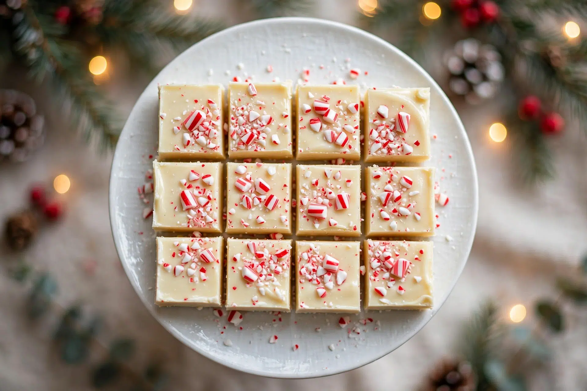 20-Minute Peppermint White Chocolate Fudge squares topped with crushed candy canes on a white plate