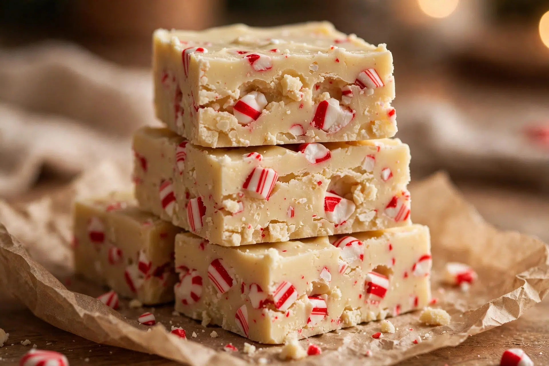 Creamy peppermint white chocolate fudge squares stacked showing red candy pieces inside