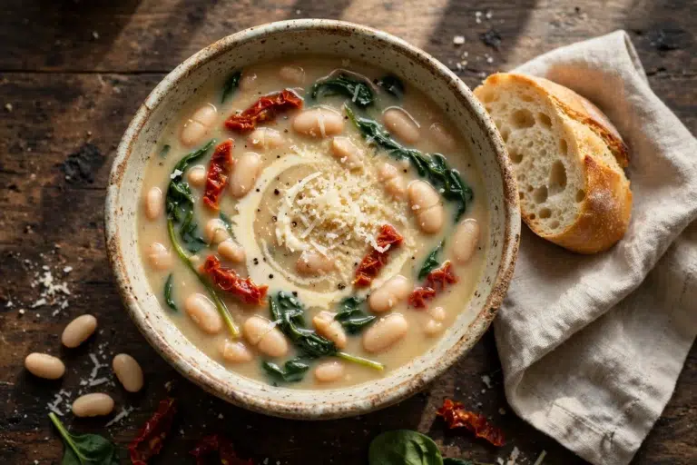 Creamy Tuscan white bean soup with cannellini beans, spinach and sun-dried tomatoes served in a bowl