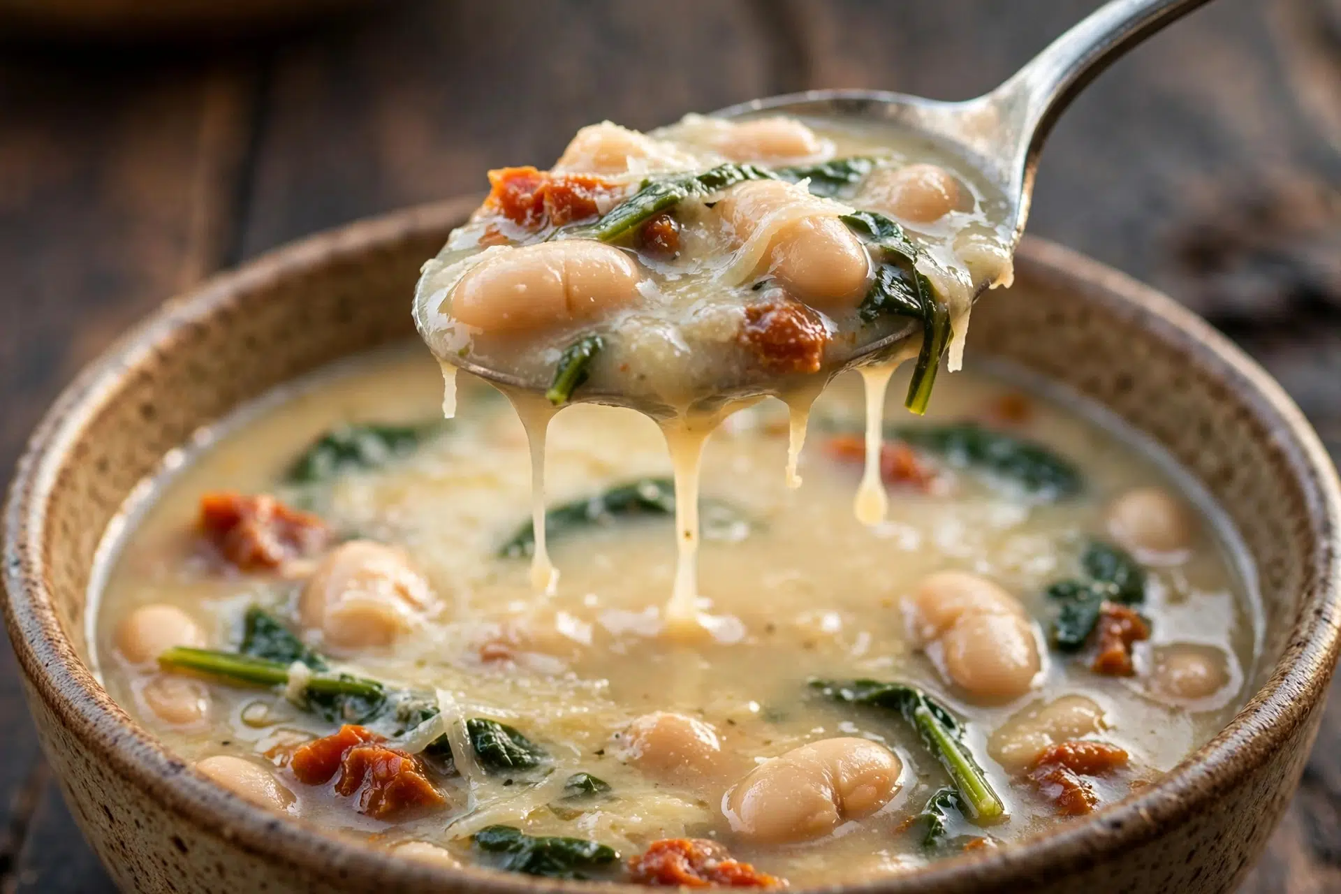 Bowl of 30-minute creamy Tuscan white bean soup topped with parmesan and fresh basil beside crusty bread