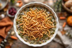 30-Minute Green Bean Casserole with crispy French fried onion topping in a white baking dish