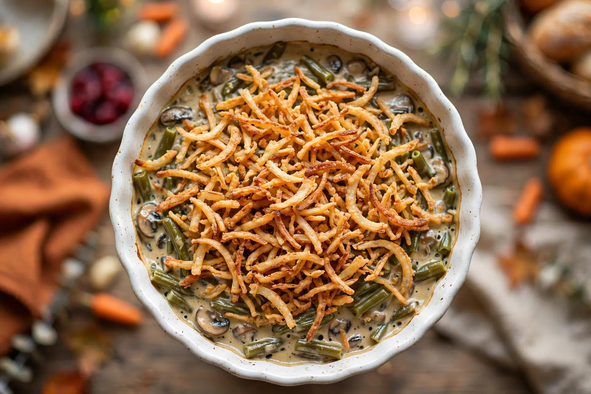 30-Minute Green Bean Casserole with crispy French fried onion topping in a white baking dish