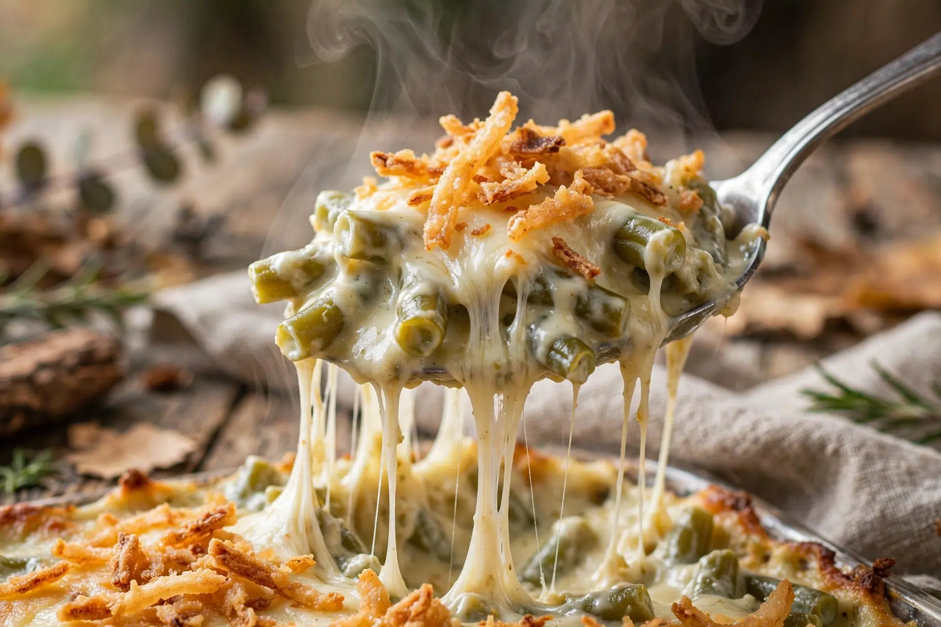 Close-up spoon serving of creamy green bean casserole with golden fried onions