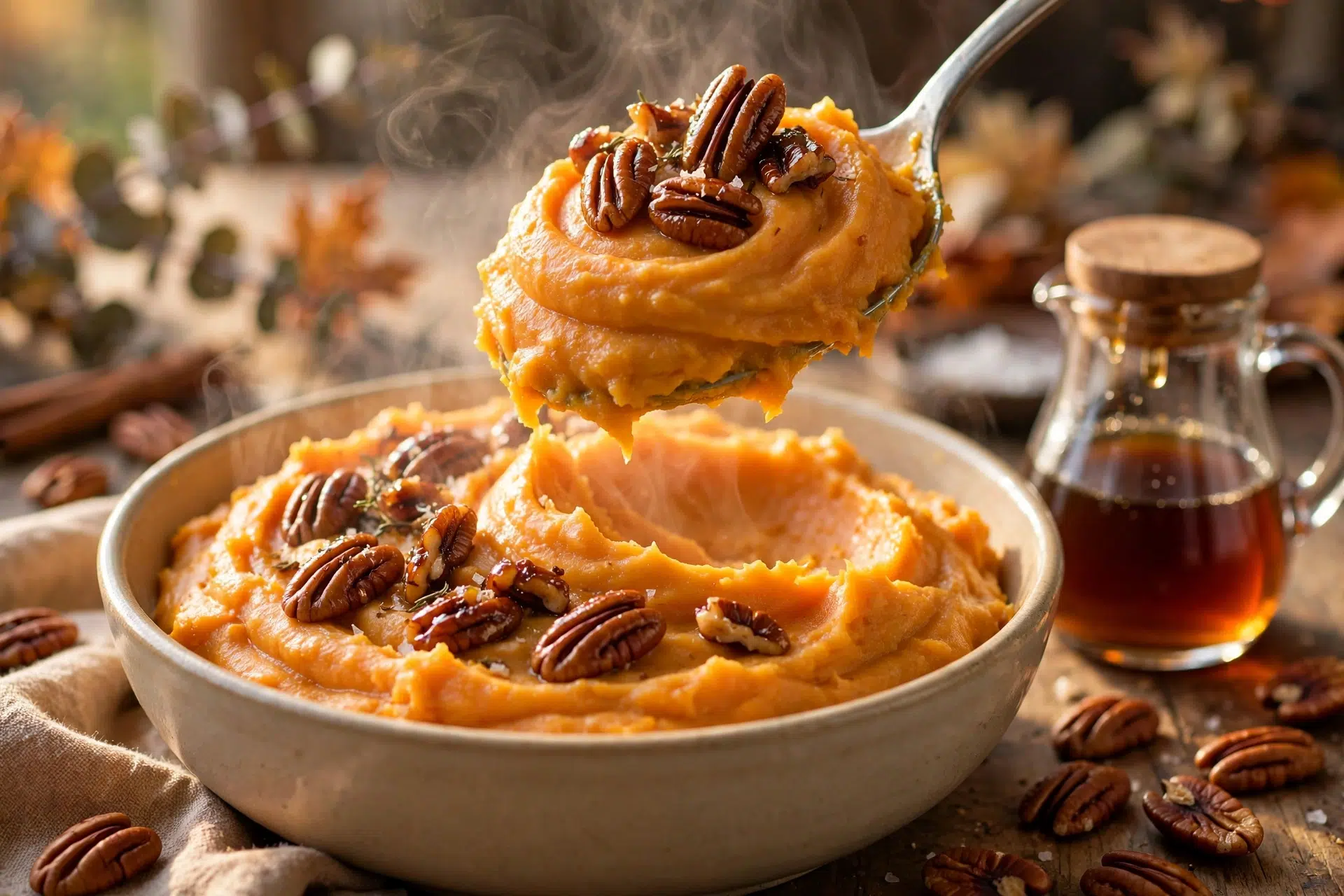 Close-up of silky maple pecan mashed sweet potatoes with a drizzle of maple syrup and flaky sea salt