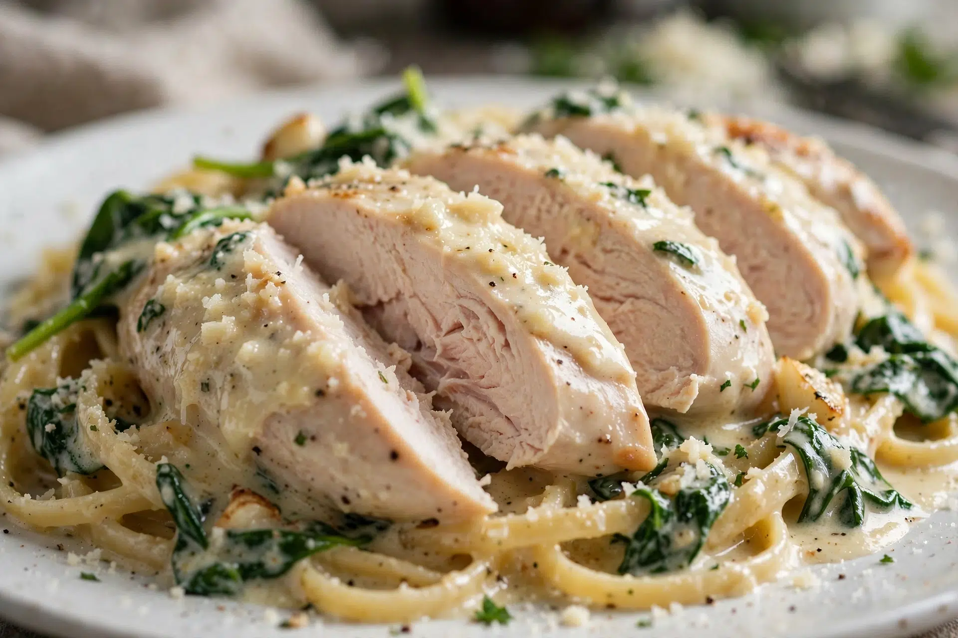 Close-up of creamy garlic parmesan chicken in garlic cream sauce