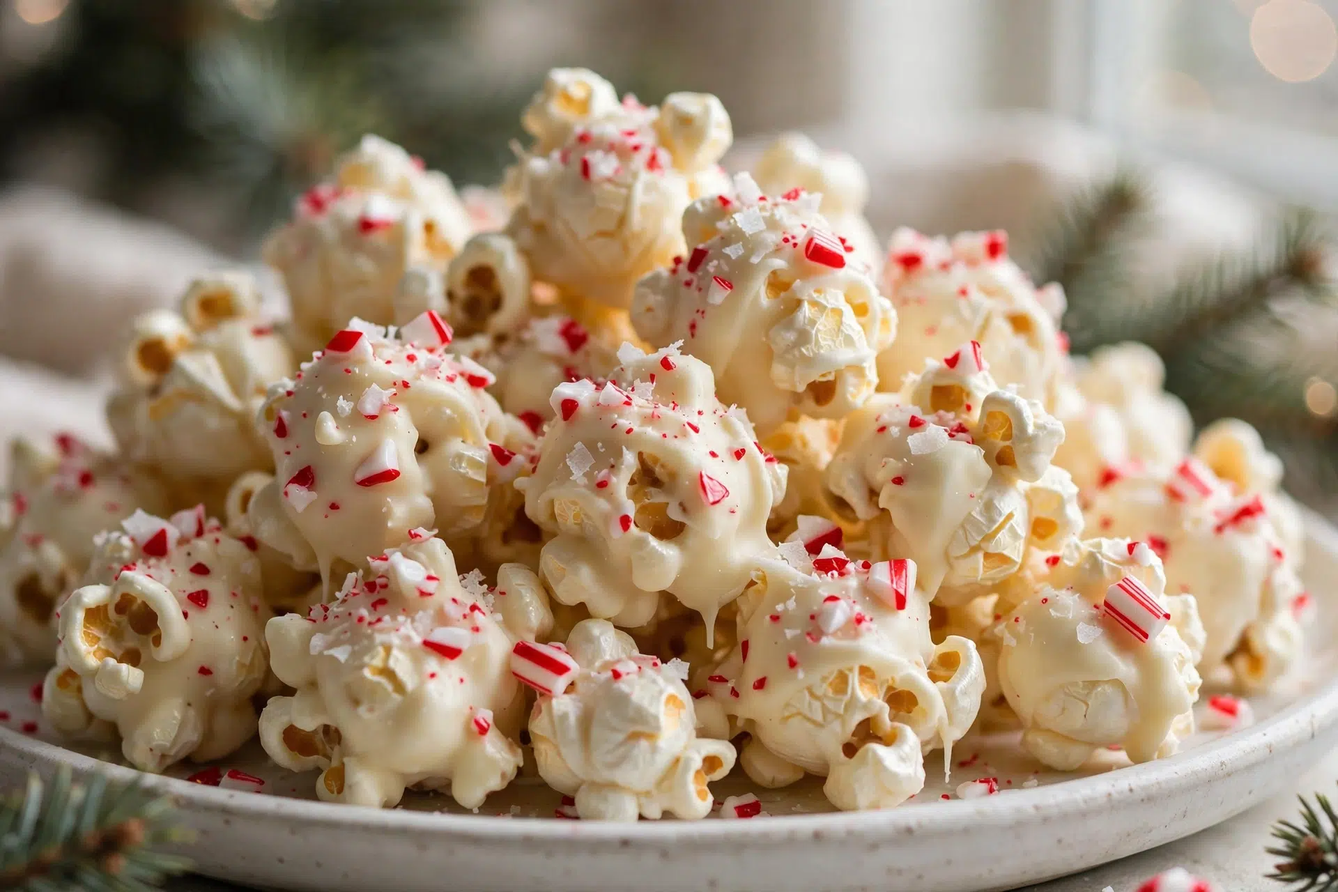 Close-up of White Chocolate Peppermint Popcorn clusters with candy cane shards and a pinch of sea salt